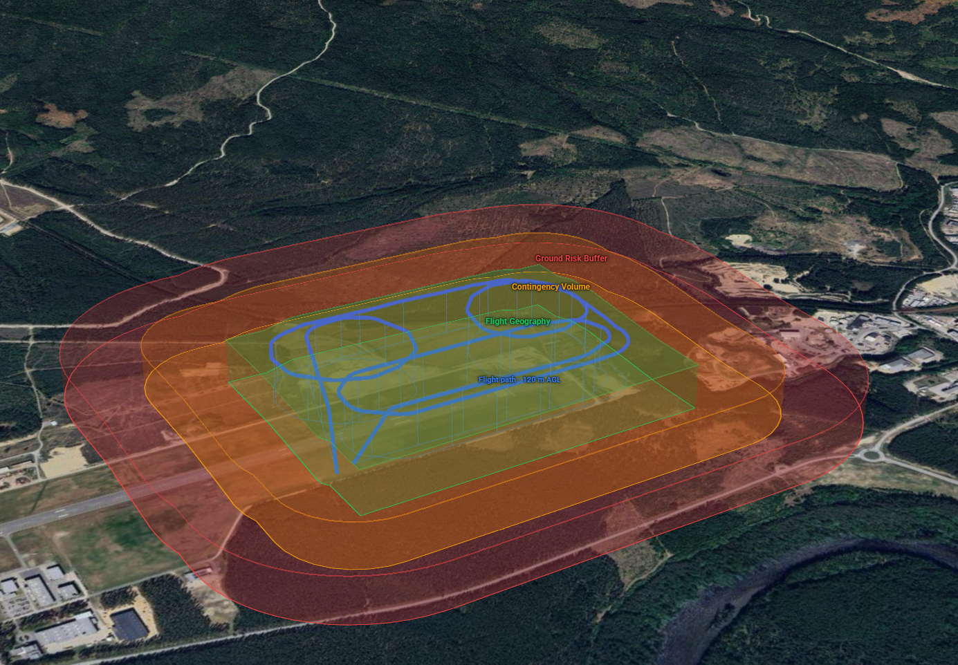 3D tilted satellite view of an FX-10 NG flight at Eggemoen showing the green Flight Geography, amber Contingency Volume and red Ground Risk Buffer extruded to 120 m AGL