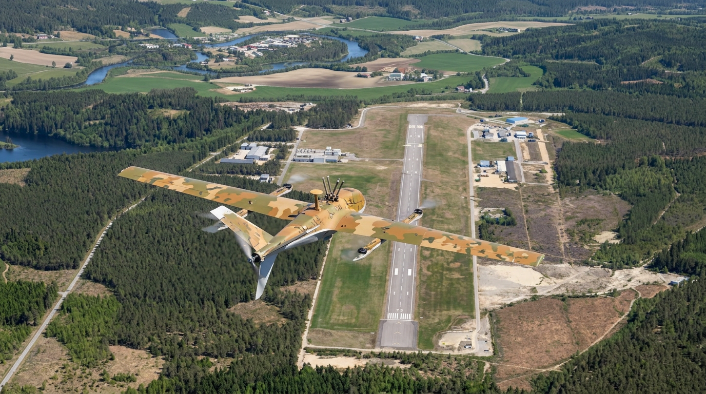 Robot Aviation FX-10 NG fixed-wing UAS in flight over Eggemoen airfield, Norway